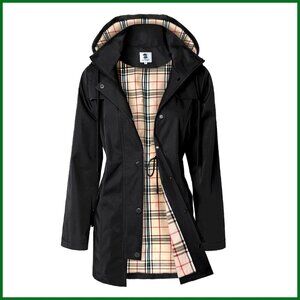 Long Hooded Rain Jacket Water-Resistant Polyester Windbreaker